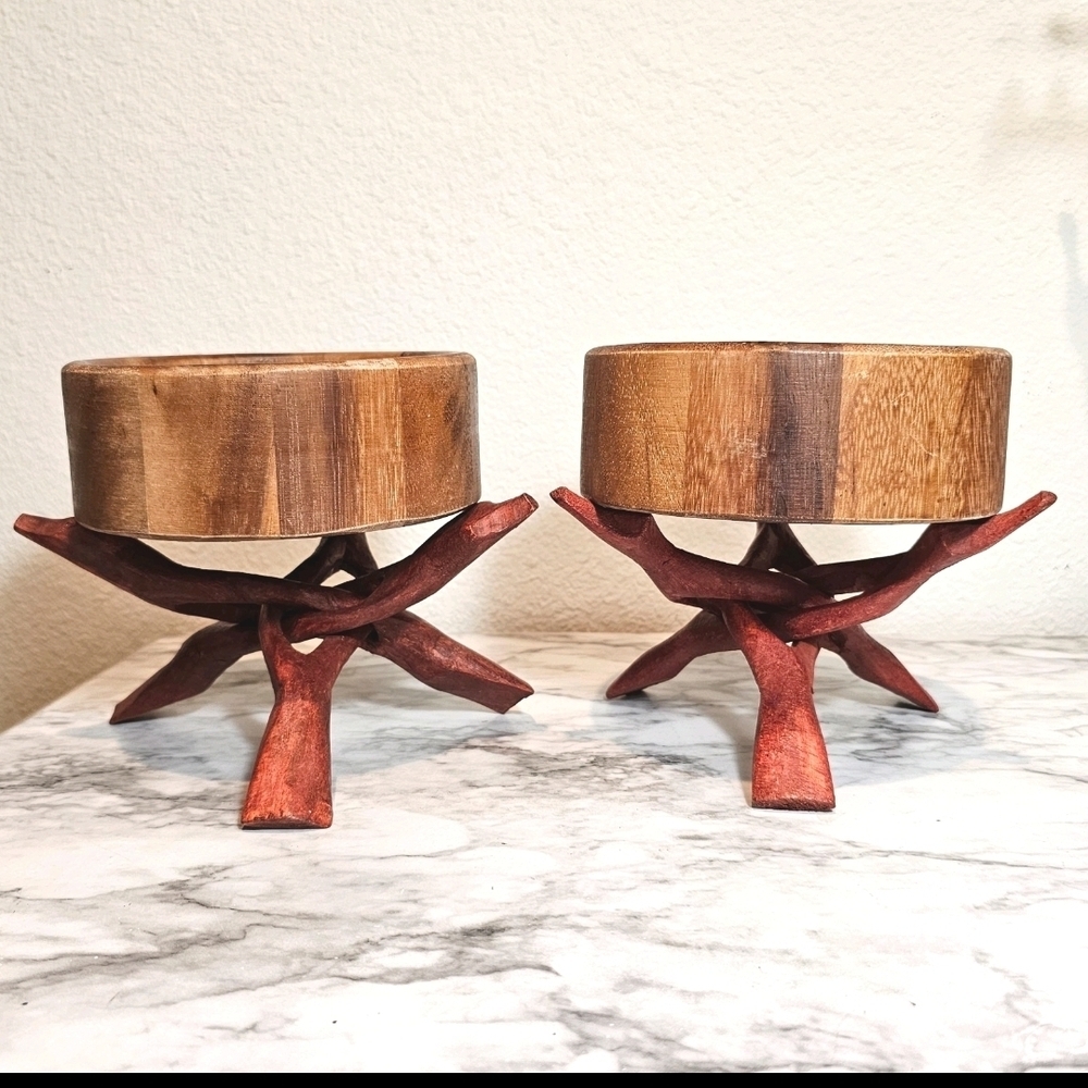 2 Hand carved wooden cobra tripod stand display holder, plant stand tray holder